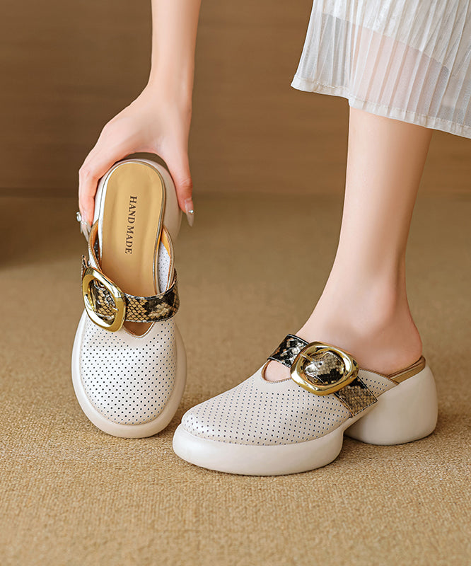 Sandals Slide 2025 Hollow Leather Out Cowhide Platform Apricot