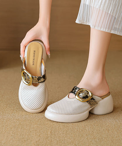 Sandals Slide 2025 Hollow Leather Out Cowhide Platform Apricot