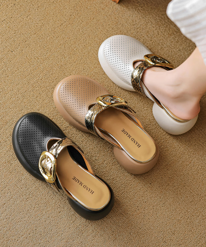 Sandals Slide 2025 Hollow Leather Out Cowhide Platform Apricot