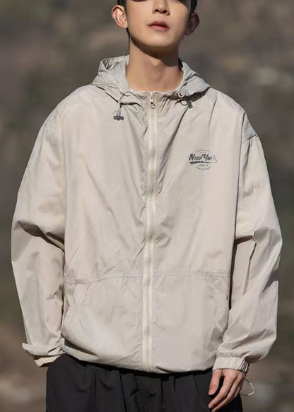 Hooded Mens Print Pockets Summer Coats Apricot Ice Thin Silk