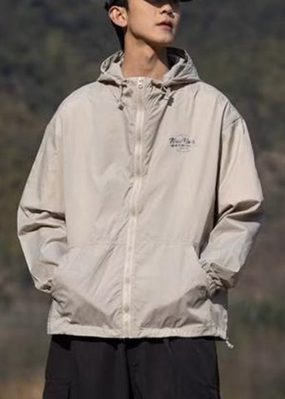 Hooded Mens Print Pockets Summer Coats Apricot Ice Thin Silk