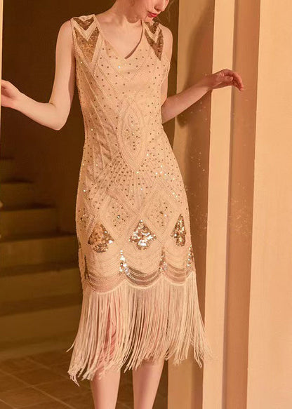 Tasseled Work Sleeveless Sequins Apricot Dress Lace