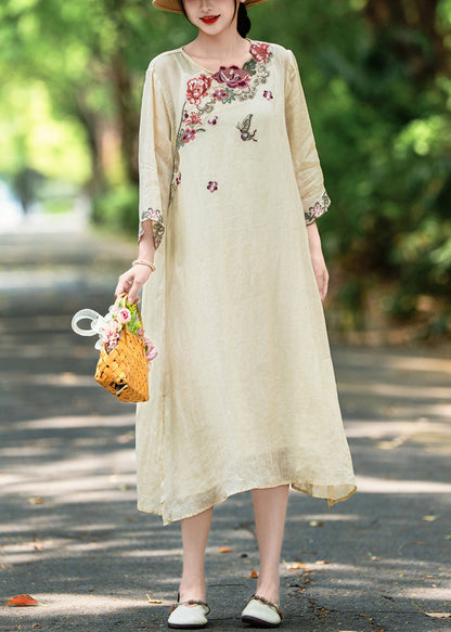 Open Side Linen Apricot Bracelet Sleeve Dresses Embroidered