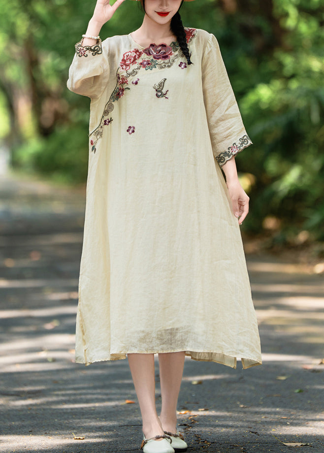Open Side Linen Apricot Bracelet Sleeve Dresses Embroidered
