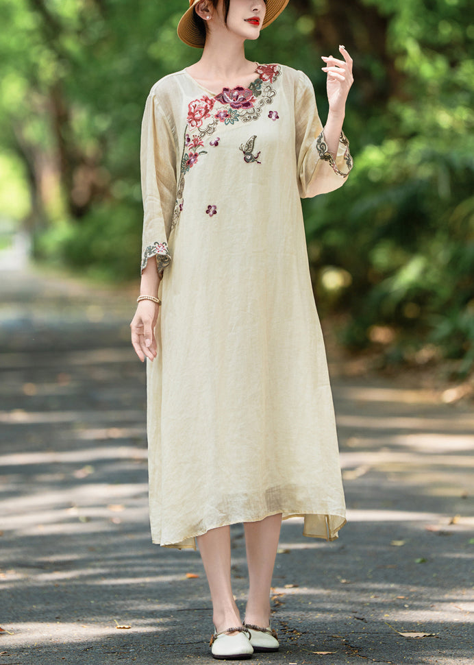 Open Side Linen Apricot Bracelet Sleeve Dresses Embroidered