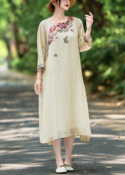 Open Side Linen Apricot Bracelet Sleeve Dresses Embroidered