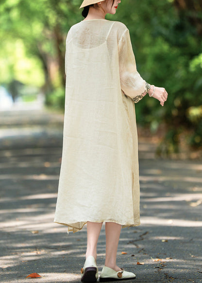 Open Side Linen Apricot Bracelet Sleeve Dresses Embroidered