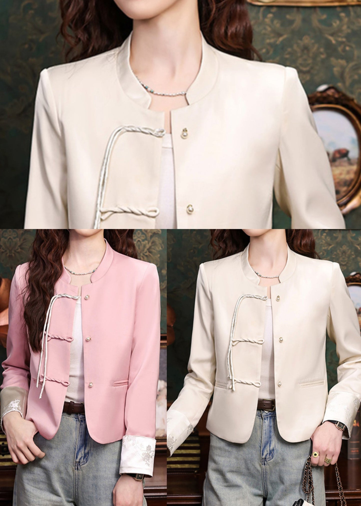 Apricot Silk Coats Tasseled Mandarin Collar Spring YJ045