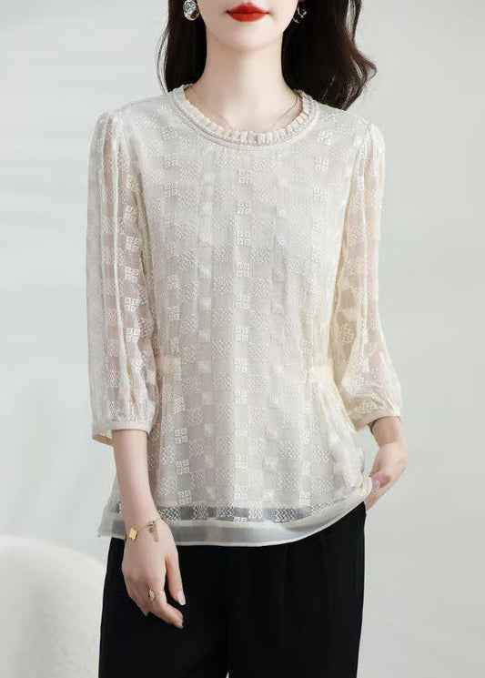 Silk Bracelet Classy Embroidered Neck Apricot Shirt O Top T