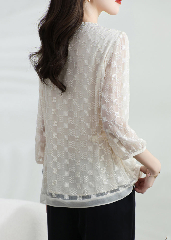 Silk Bracelet Classy Embroidered Neck Apricot Shirt O Top T