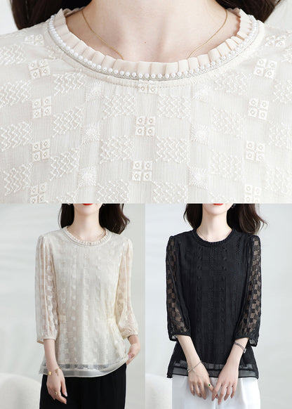 Silk Bracelet Classy Embroidered Neck Apricot Shirt O Top T