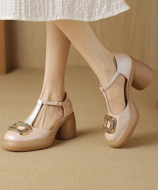 Zircon Chunky Sandals Apricot Heels Hollow Splicing Out