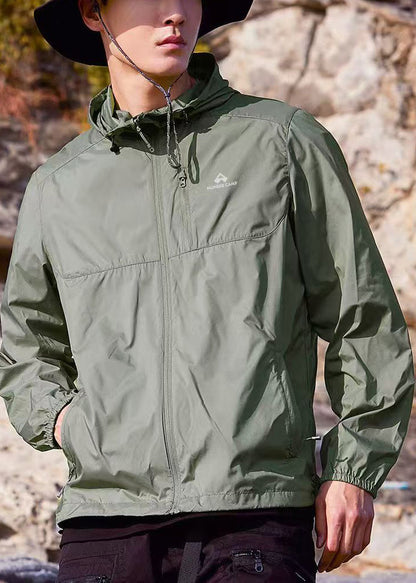 Mens Zippered Army 50+ UPF Pockets Summer Hooded Coat Green