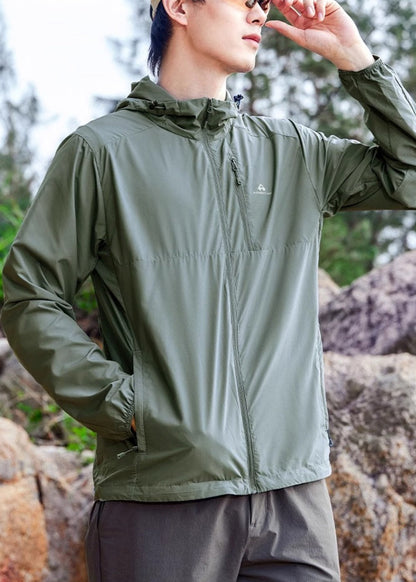 Mens Zippered Army 50+ UPF Pockets Summer Hooded Coat Green