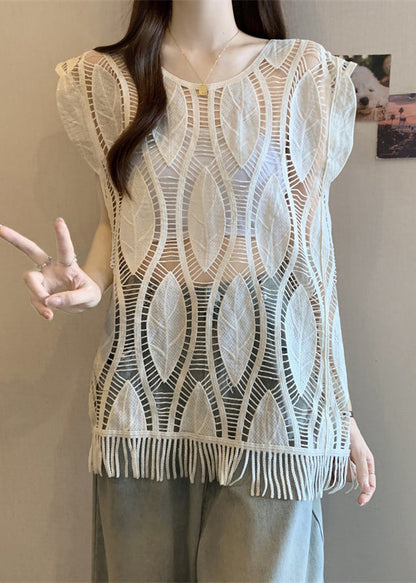 Tank Art Tasseled Out Hollow O-Neck Apricot Summer Cotton