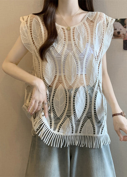 Tank Art Tasseled Out Hollow O-Neck Apricot Summer Cotton