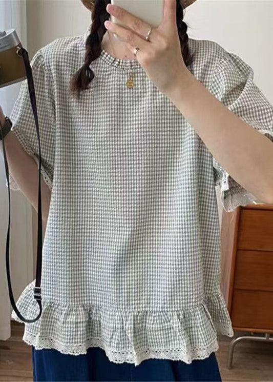 Art Shirt Summer Cotton Plaid Ruffles Apricot