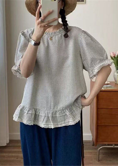 Art Shirt Summer Cotton Plaid Ruffles Apricot