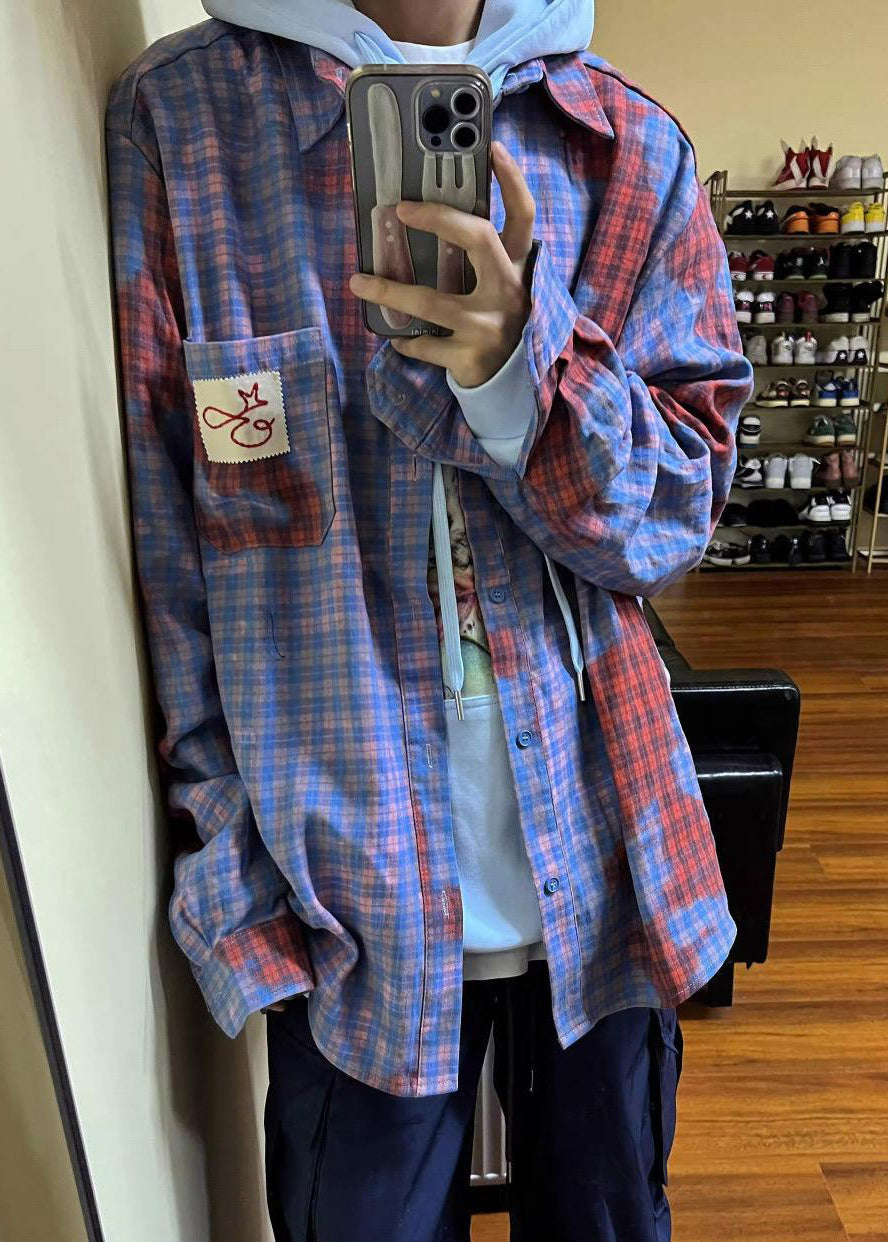 Men Spring Shirts Pockets Art Cotton Plaid Asymmetrical