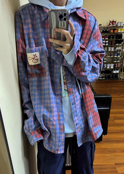 Men Spring Shirts Pockets Art Cotton Plaid Asymmetrical