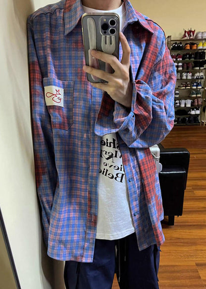 Men Spring Shirts Pockets Art Cotton Plaid Asymmetrical