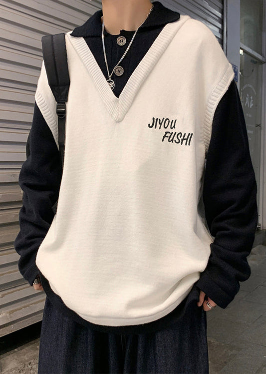 Embroideried Knit Men Art Patchwork Cozy Sweater Spring Beige