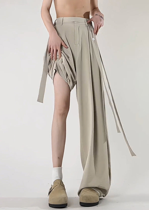 Beige Men Original Pockets Ice Pants Design Art Silk Summer