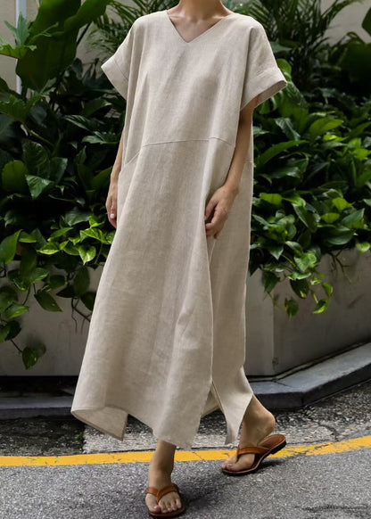 Patchwork Summer Linen Art Oversized Dresses Holiday Beige