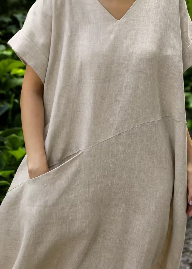 Patchwork Summer Linen Art Oversized Dresses Holiday Beige