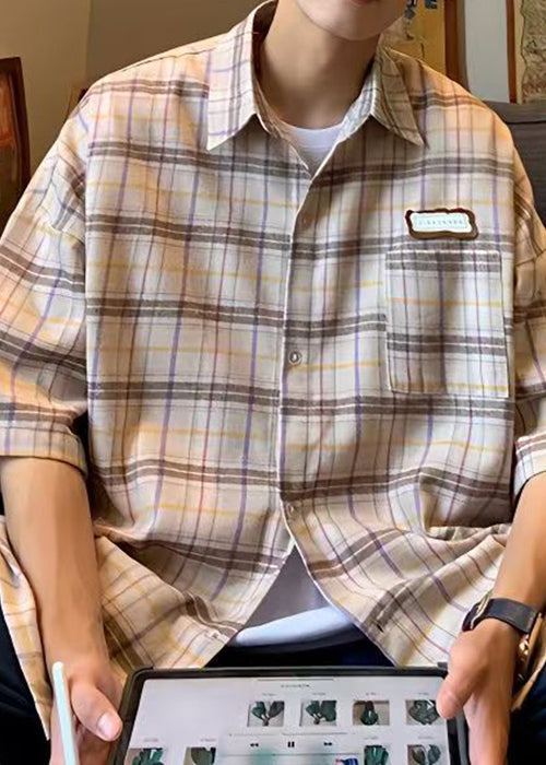 Plaid Summer Beige Art Shirt Button Men Cotton