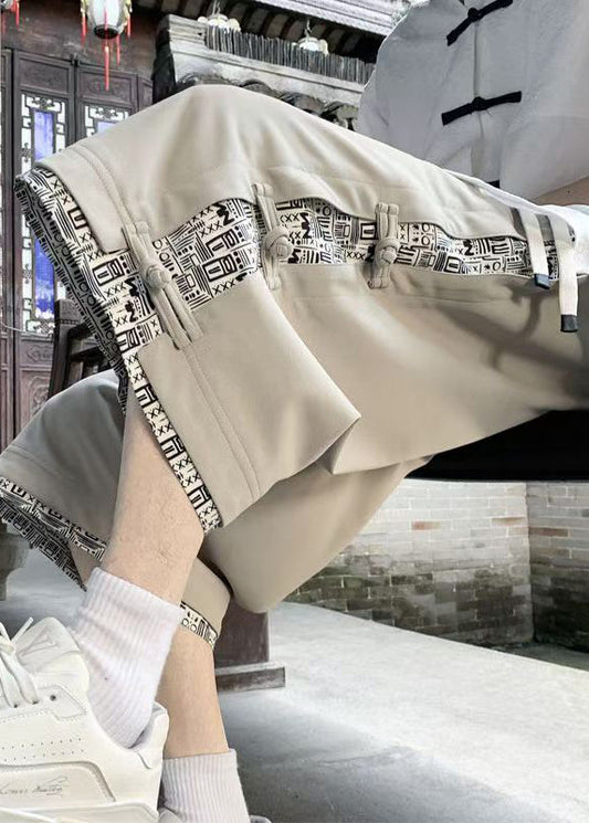 Patchwork Pants Cotton Crop Summer Beige Print Button Art Men