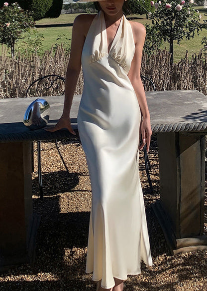 Backless Beige Neck Long Solid Sleeveless Dresses Art V Silk