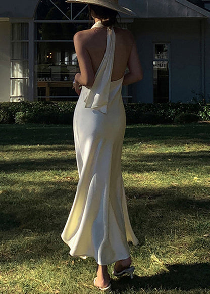 Backless Beige Neck Long Solid Sleeveless Dresses Art V Silk
