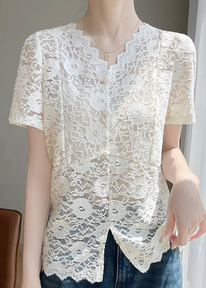 Lace Side Art Summer Shirts V Neck Beige Open