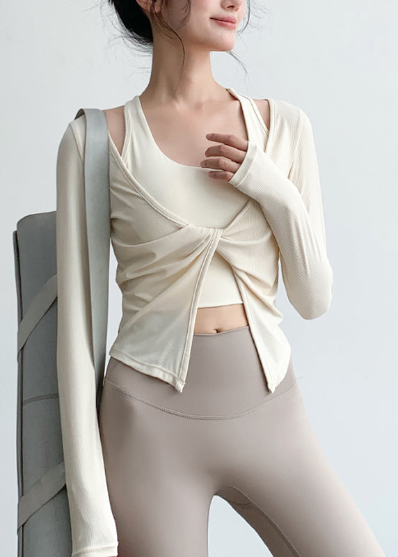 V Spring Yoga Wrinkled Art Tops Beige Neck