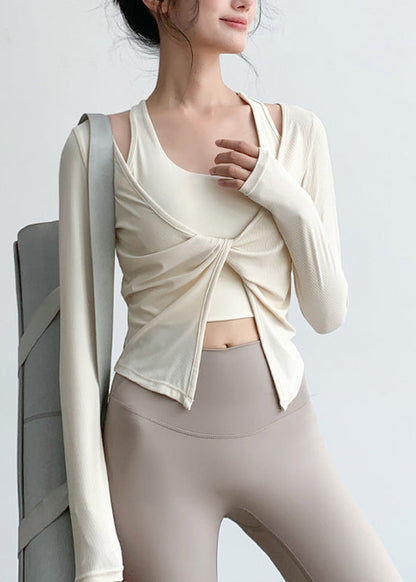 V Spring Yoga Wrinkled Art Tops Beige Neck