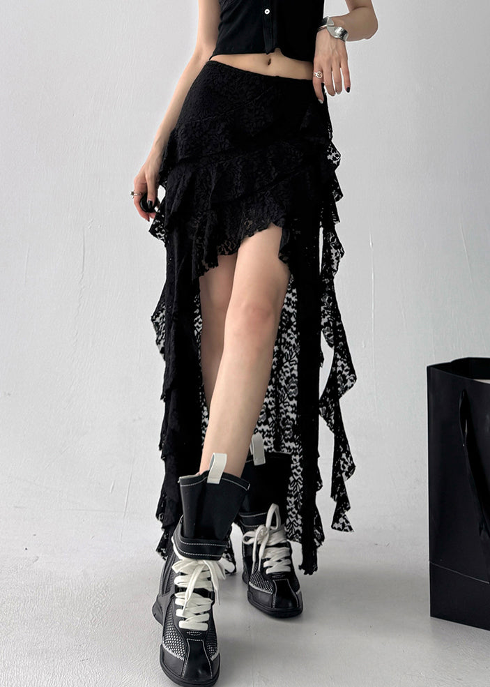 Skirt Art Waist Summer High Black Asymmetrical Lace
