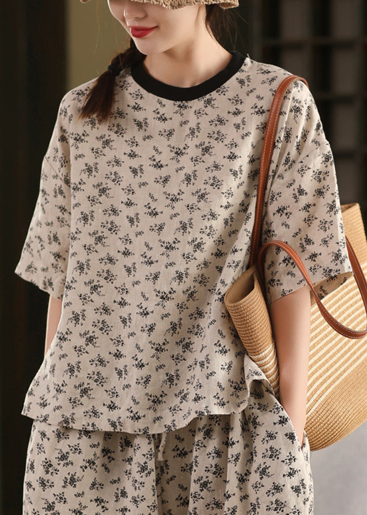 Summer Shirts Linen Black T Neck Print O Art