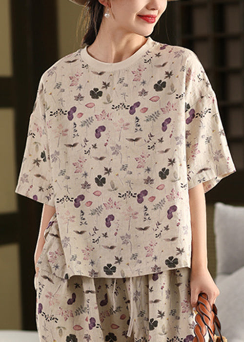 Summer Shirts Linen Black T Neck Print O Art