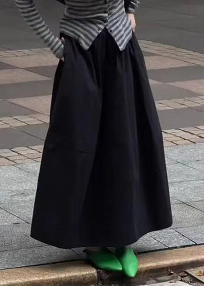 Waist Pockets Elastic Solid Skirt Cotton Fall Black Art