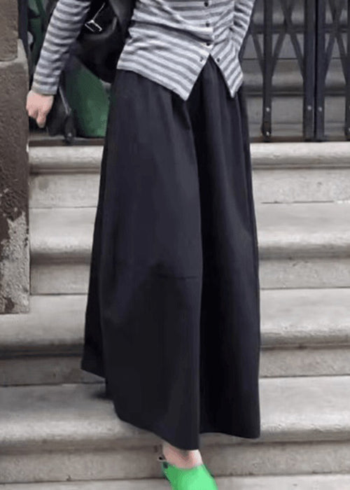 Waist Pockets Elastic Solid Skirt Cotton Fall Black Art