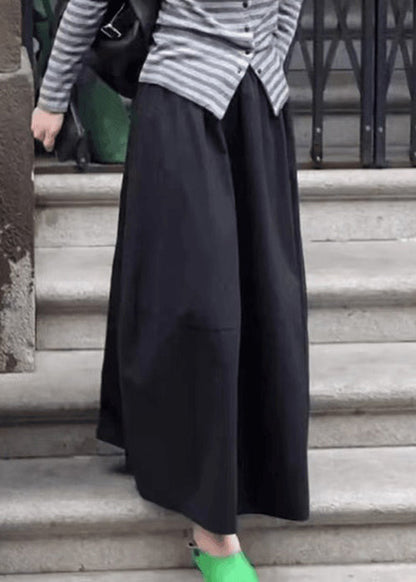 Waist Pockets Elastic Solid Skirt Cotton Fall Black Art