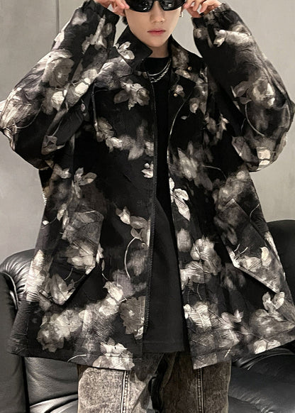 Art Black Print Zippered Pockets Men Coat Fall RO026