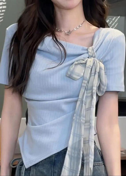 Blue Summer Cotton Asymmetrical Shirts Art T Bow