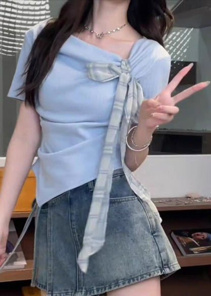 Blue Summer Cotton Asymmetrical Shirts Art T Bow