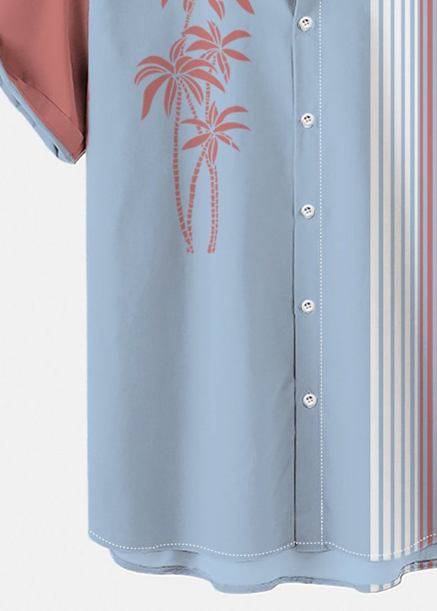 Asymmetrical Patchwork Cotton Mens Summer Art Striped Shirts Blue