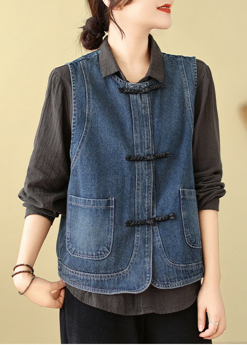 Art Blue Chinese Button Denim Vest Spring TM027