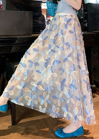 Tulle Floral Waist Summer Elastic Art Skirt Blue