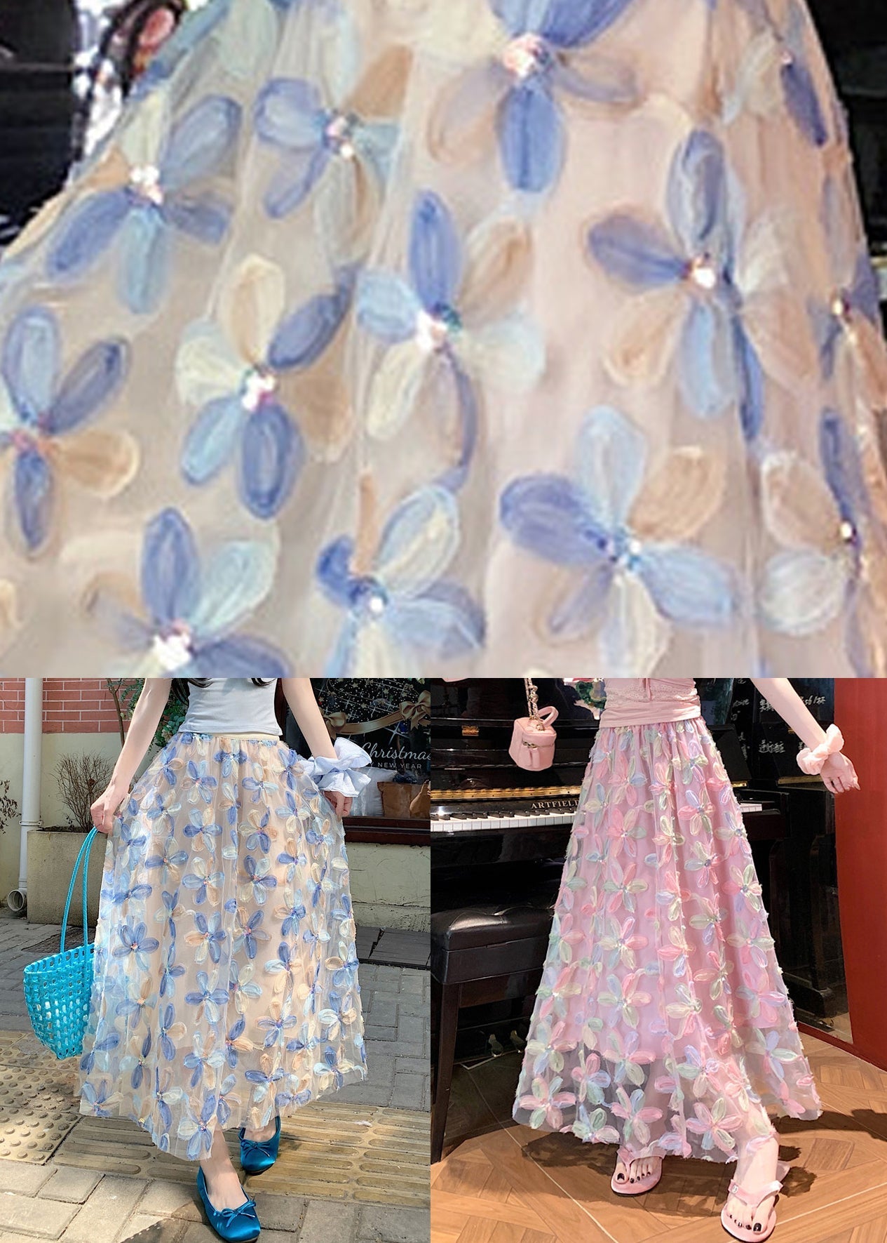 Tulle Floral Waist Summer Elastic Art Skirt Blue