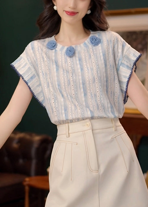 Cotton Summer T Blue Art Floral Out Shirt Hollow